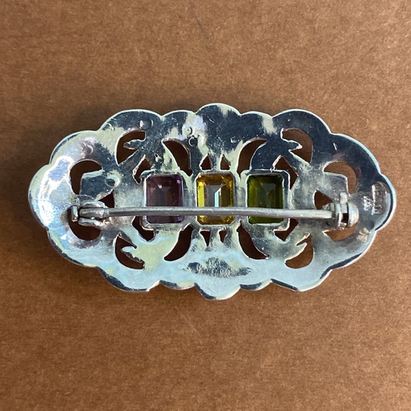 Vintage Sterling Silver Amethyst Citrine Peridot & Marcasite Brooch Pin - Picture 8 of 11